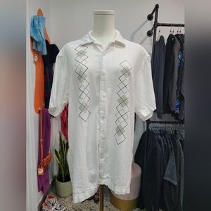 Haggar White Geometric Linen Blend Pattern Men's Shirt